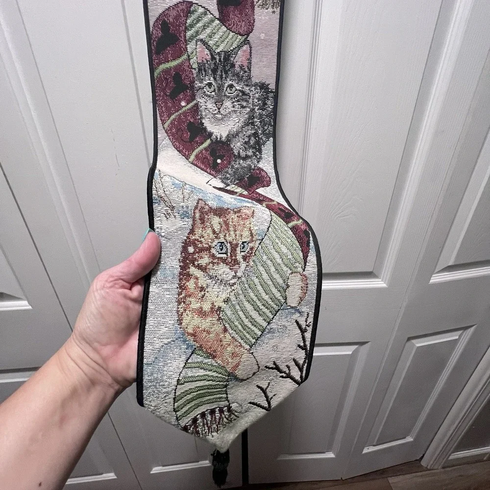 Paws For Christmas Cat & Chickadee Hanging Tapestry Bell Pull 6.25